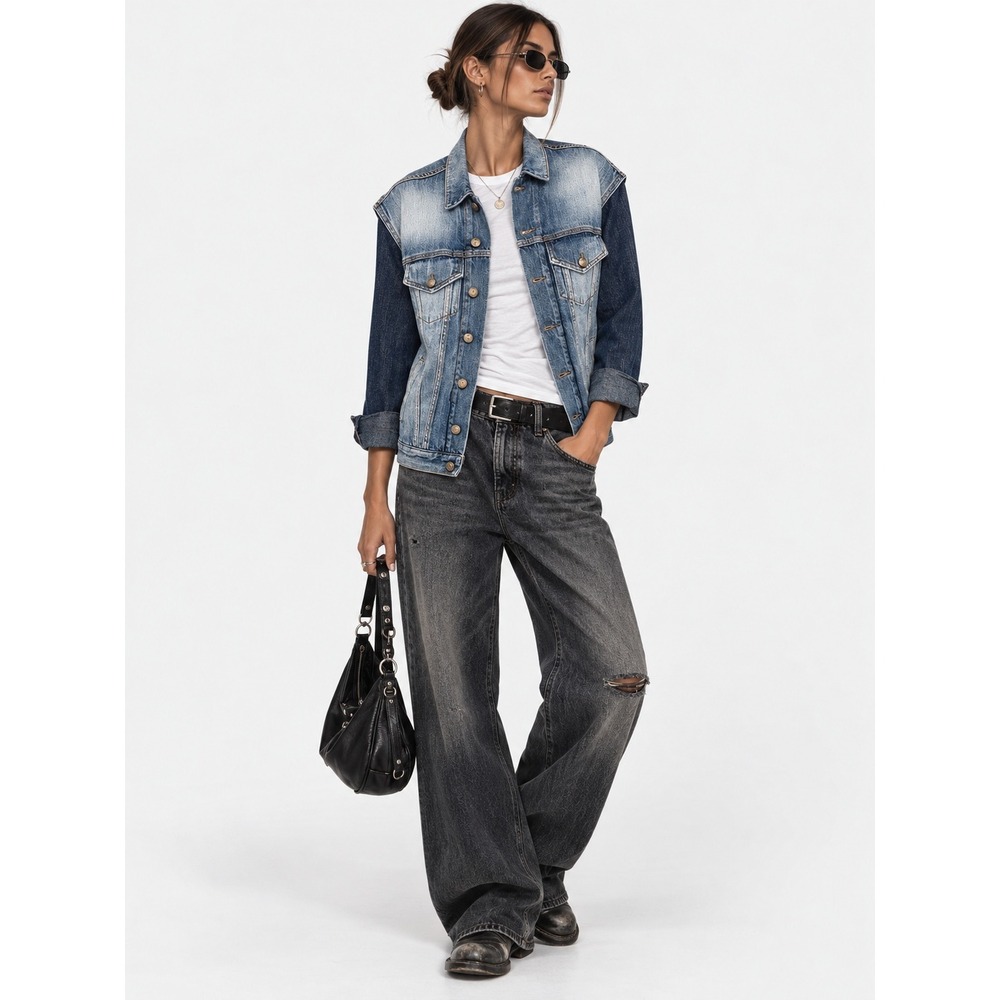 R13 Oversized Two Tone Denim Vest Jacket Contrast Sleeves Blue XS